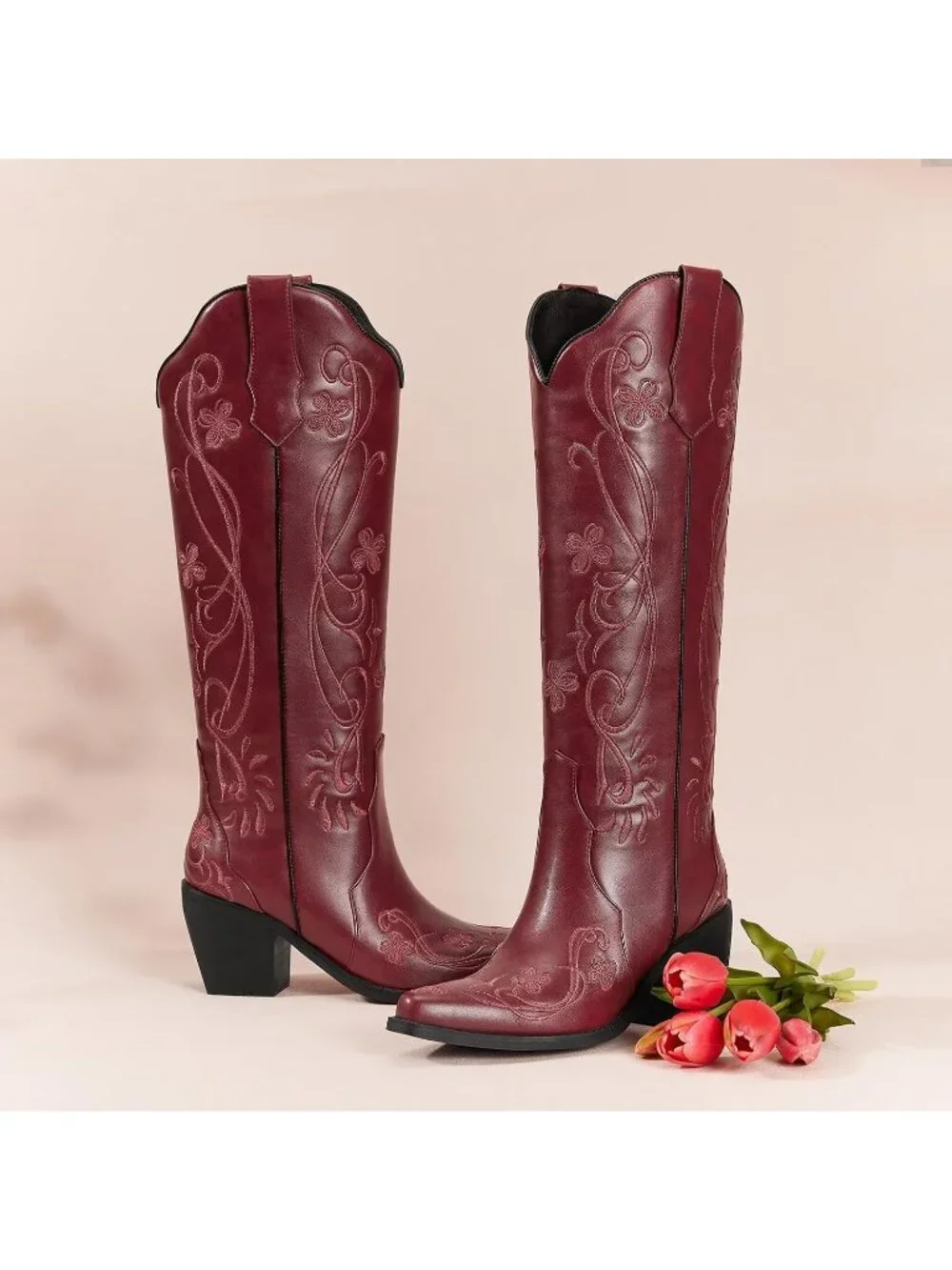 Women's Passion Red Floral Faux Leather Knee High Western Style Cowgirl Boots